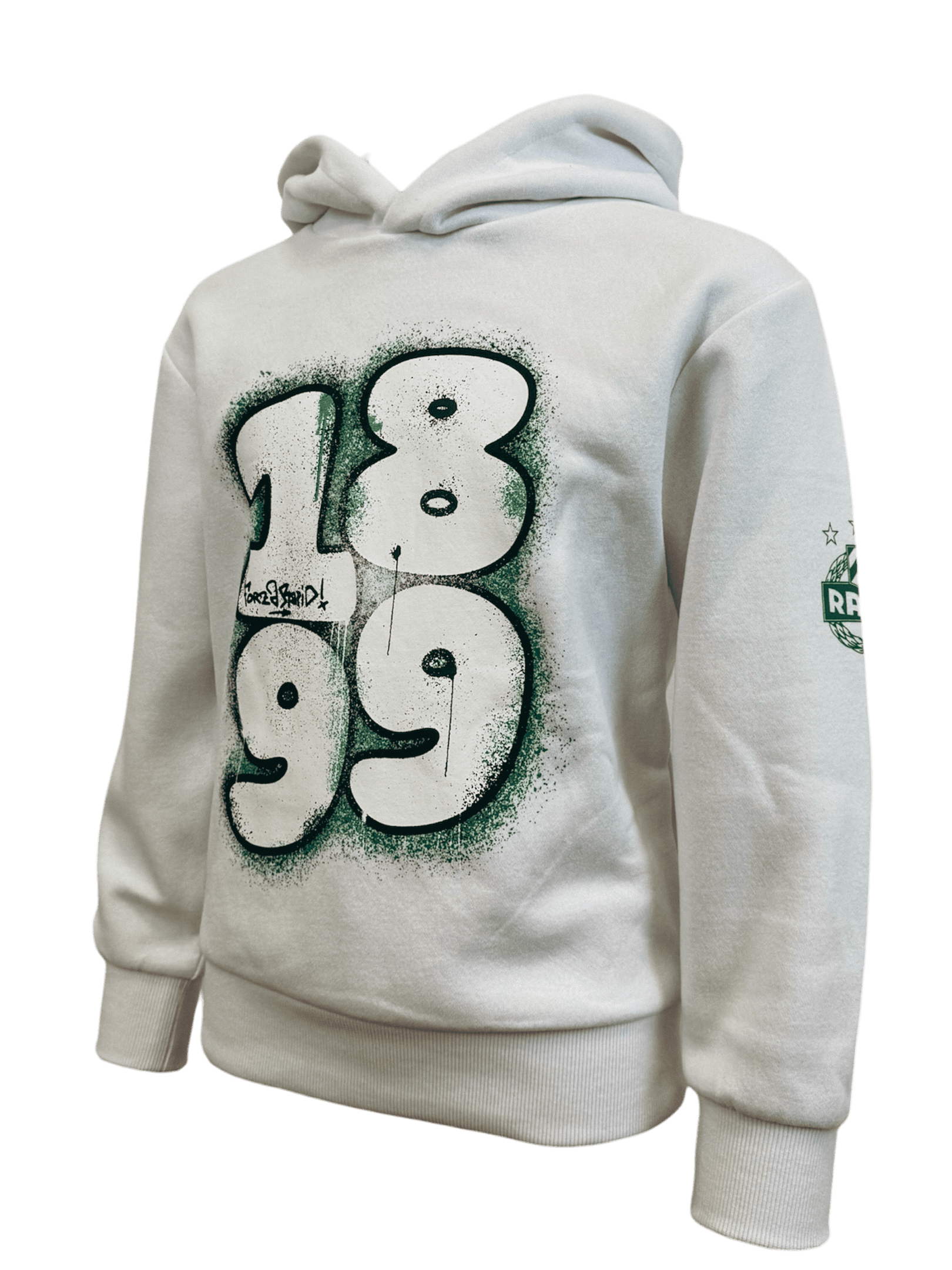 Schrägansicht des weißen Forza Rapid Kinder-Hoodies mit 1899-Print und Rapid-Wappen am Ärmel.