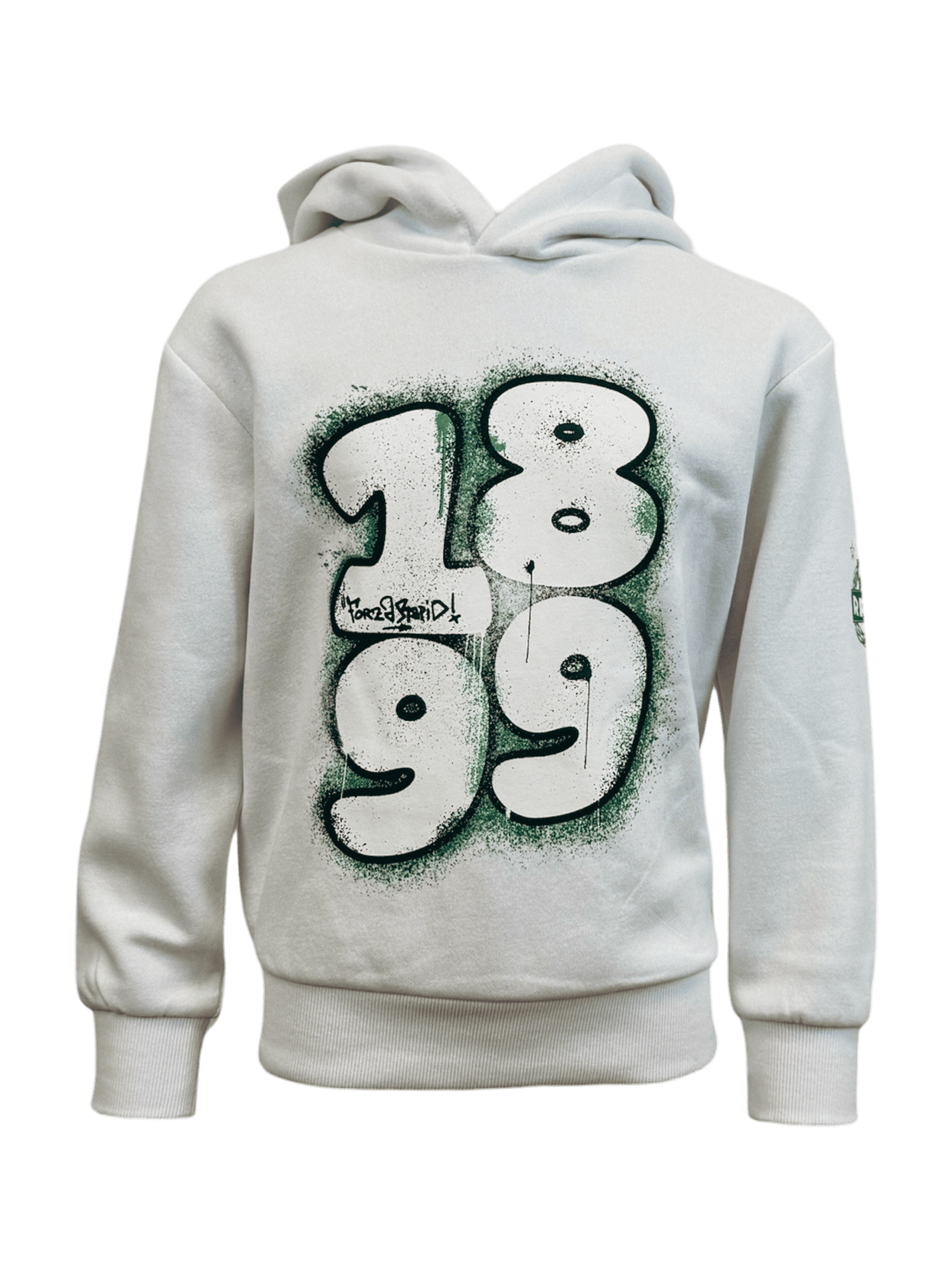 Weißer SK Rapid Kinder-Hoodie mit 1899-Graffiti-Print und Forza Rapid Schriftzug.
