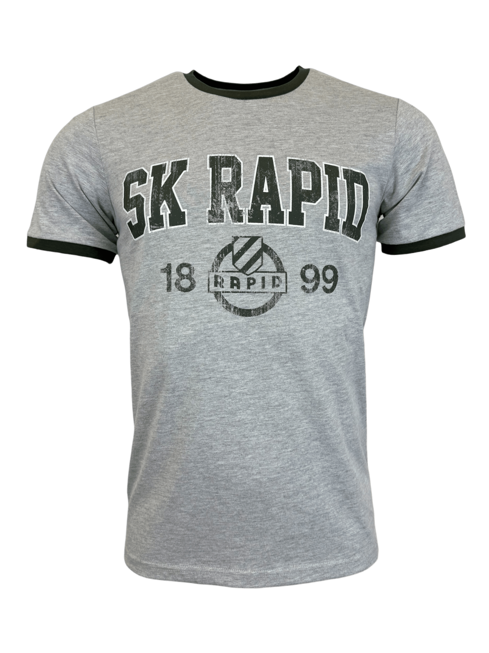 Frontansicht des grauen SK Rapid Vintage T-Shirts mit SK RAPID Schriftzug und 1899-Motiv.