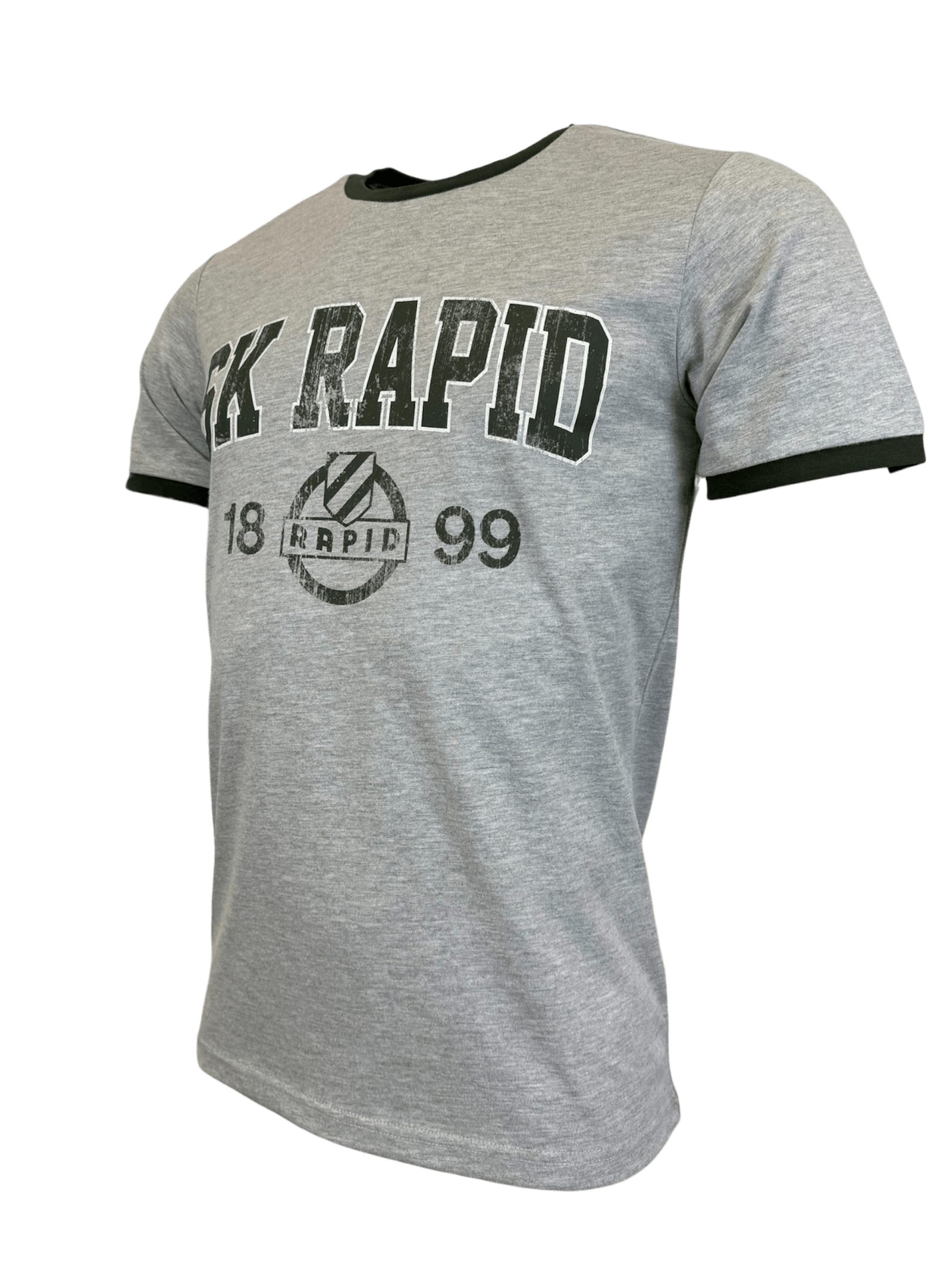 Graues SK Rapid Vintage T-Shirt mit 1899-Motiv und dunkelgrünen Abschlüssen.