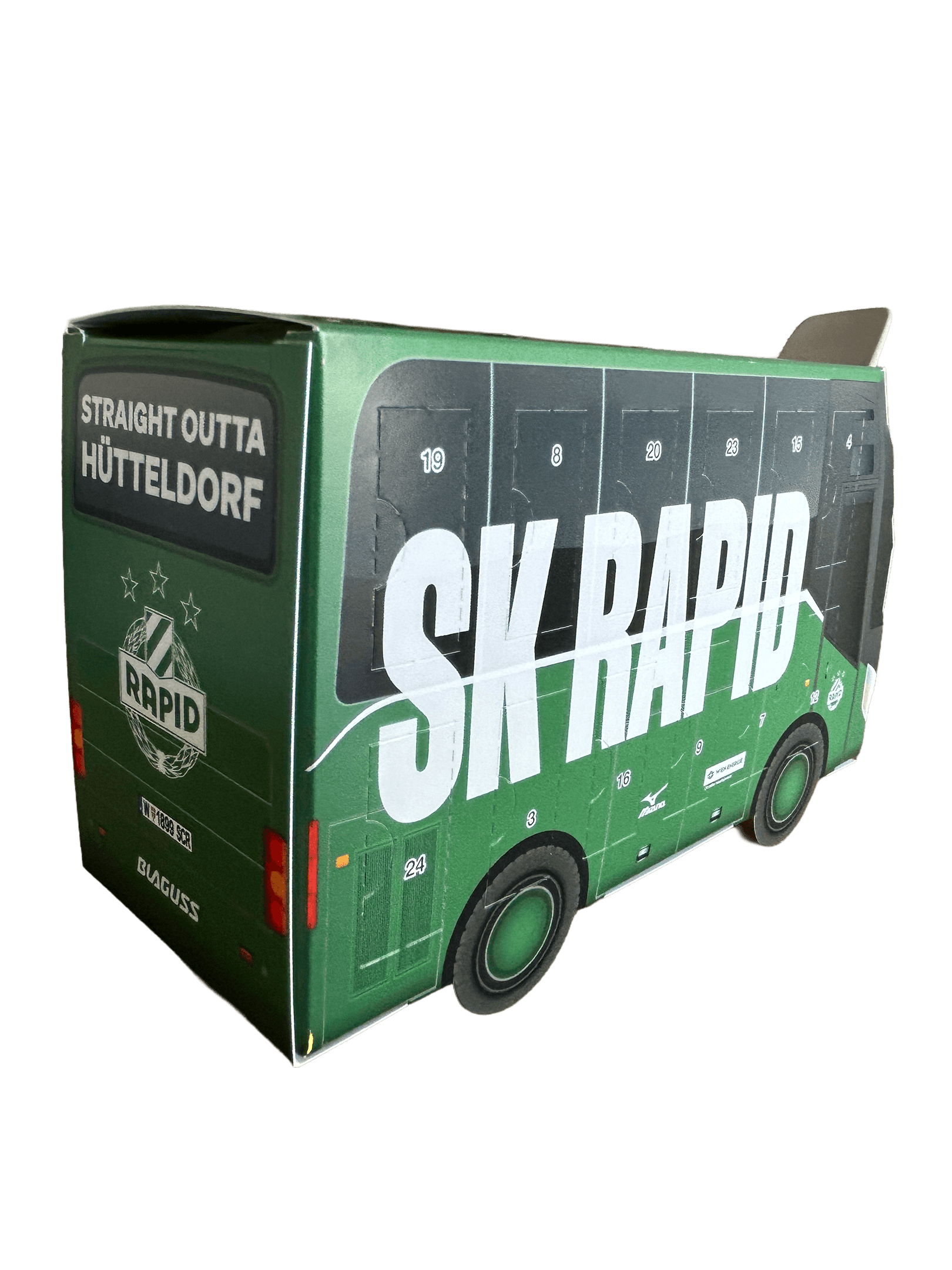 SK Rapid Bus-Adventkalender mit Straight Outta Hütteldorf Schriftzug, Rapid-Wappen und 1899 SCR Nummernschild.