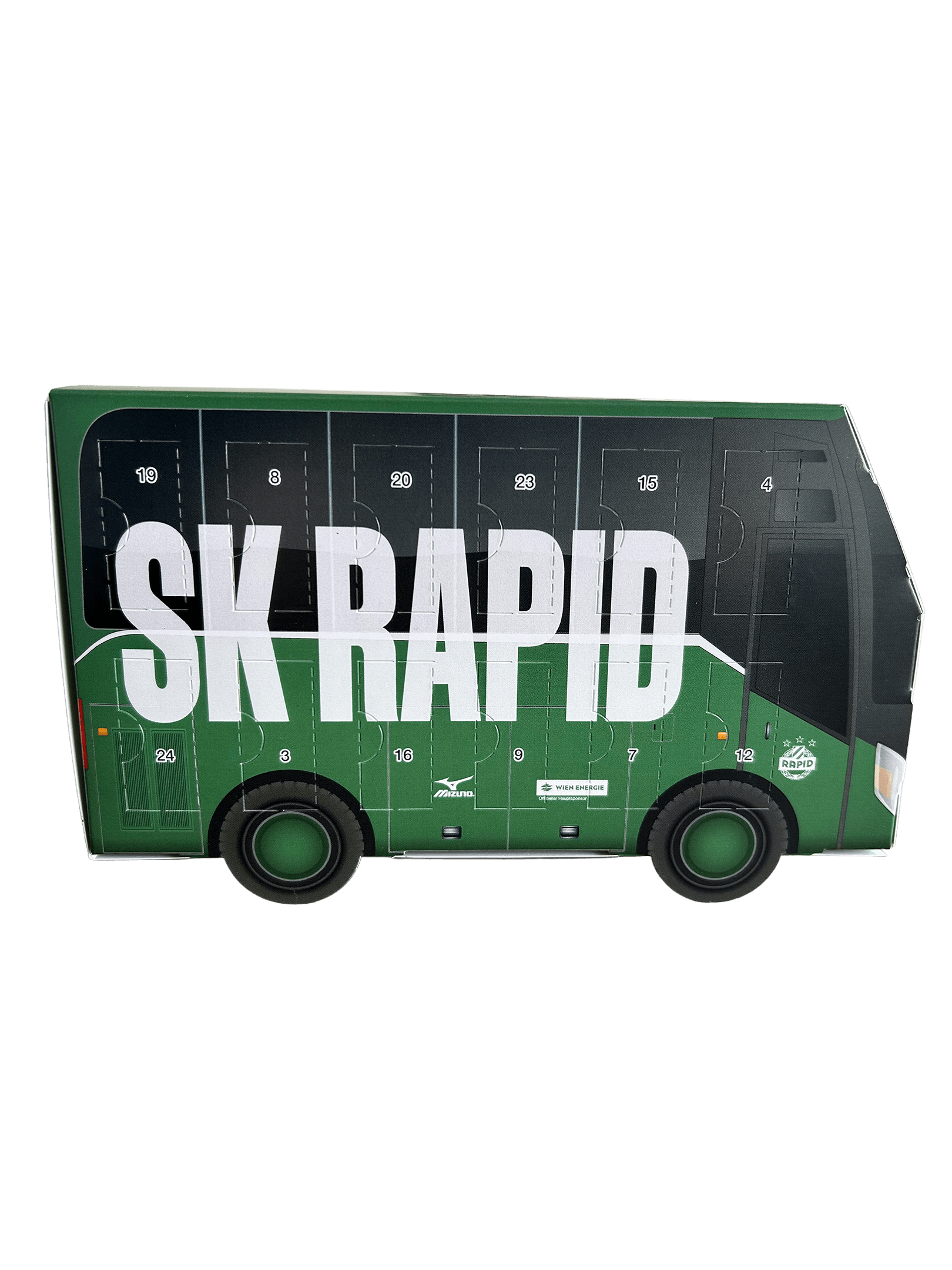 SK Rapid Adventkalender in Busform mit 24 Türchen und großem SK RAPID Schriftzug.