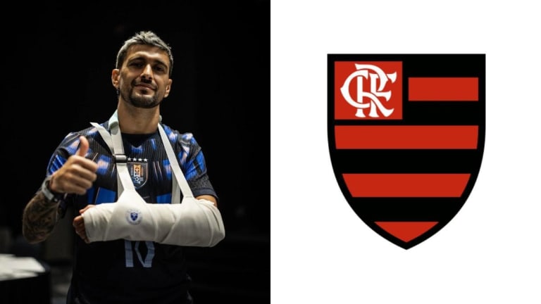 Arrascaeta surge com braço imobilizado em foto, preocupa torcida do Flamengo