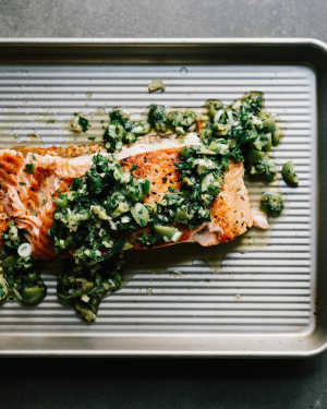 Crispy Salmon w/ Green Olive Salsa Verde