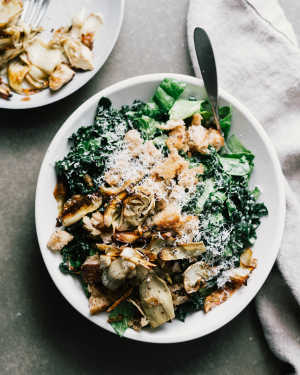 Kale Caesar Salad w/ Crispy Artichokes