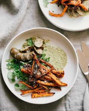 Grilled Italian Sausages w/ Green Aioli & Sweet Potato Fries