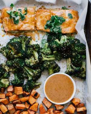 Sheet Pan Salmon & Veggies w/ Almond Butter Sauce