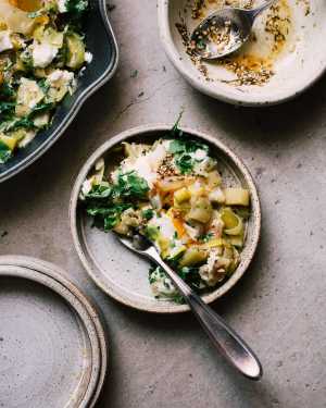 Ottolenghi's Braised Leeks w/ Eggs & Feta