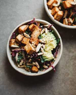 Kale Slaw w/ Spicy Tofu and Lemon Tahini Dressing