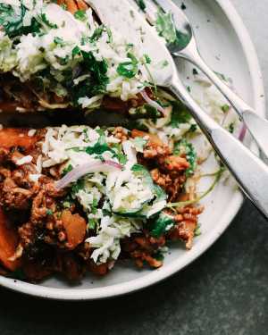 Sloppy Joe Stuffed Sweet Potatoes w/ Slaw