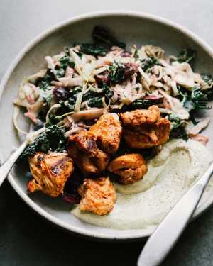 Honey Aleppo Chicken Skewers w/ Kale & Cherry Slaw