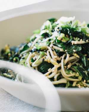 Shaved Brussels & Kale Soba Noodles w/ Salted Peanuts