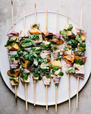 Summer Skewers w/ Peaches & Cilantro Mint Sauce
