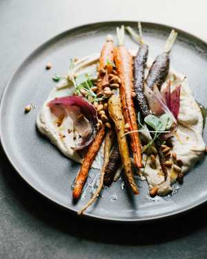 Roasted Carrots w/ Red Lentil Hummus
