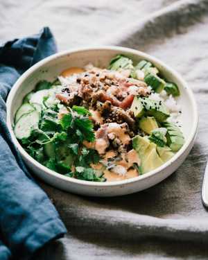 Seared Ahi w/ Coconut Rice & Cucumber Salad