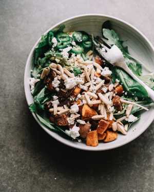 Winter Salad w/ Roasted Sweet Potatoes, Date, Avocado & Goat Cheese