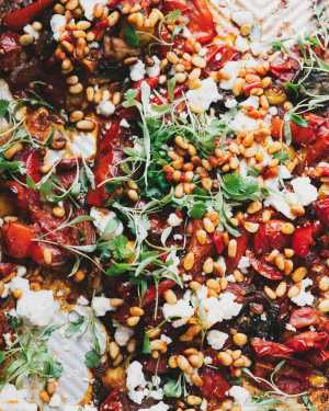 Charred Tomato & Pepper Sheet Pan w/ Feta and Harissa