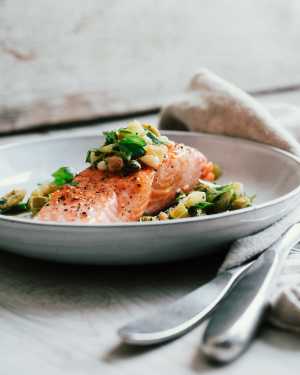 Pan-Seared Salmon w/ Caper & Green Olive Relish