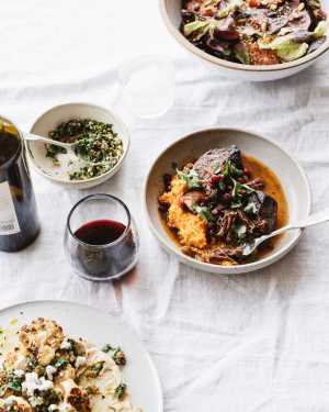 Pomegrante Braised Short Ribs w/ Sweet Potato & Tahini Mash