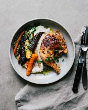 Spice Rubbed Chicken & Roasted Carrots, Cauli Mash, & Chimmichurri