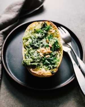 Spaghetti Squash Boats w/ Kale Pesto