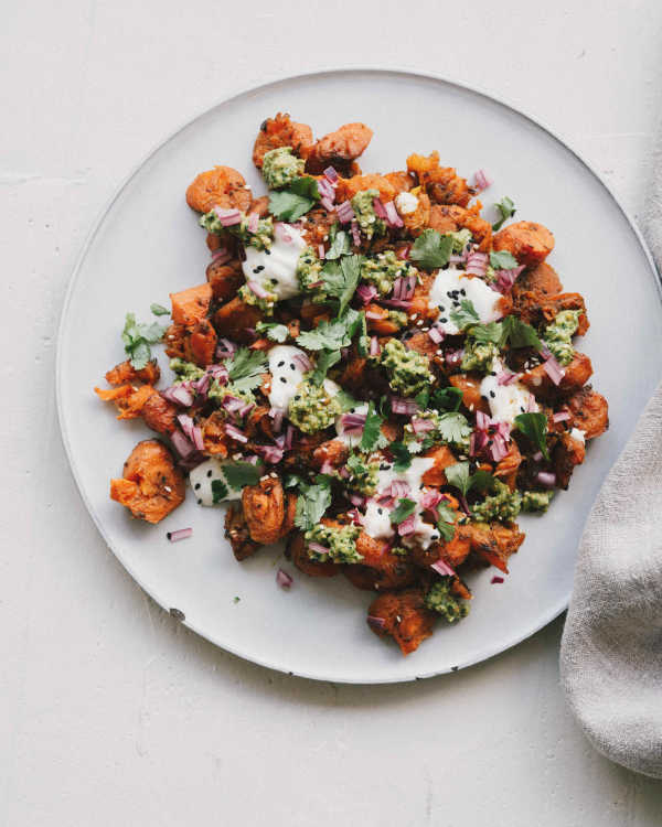 Smooshed Carrots w/ Pistachio Cilantro Pesto & Pickled Onions