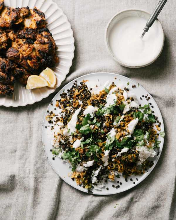 Curry Chicken Thighs w/ Crispy Lentils and Rice