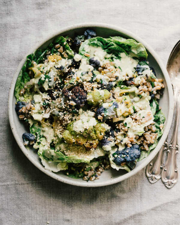 Roasted Cauliflower w/ Farro & Green Tahini