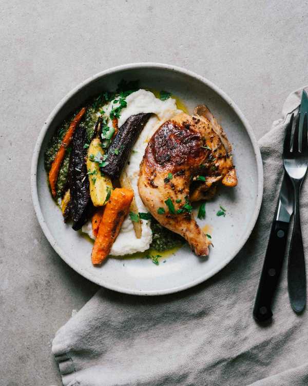 Spice Rubbed Chicken & Roasted Carrots, Cauli Mash, & Chimmichurri