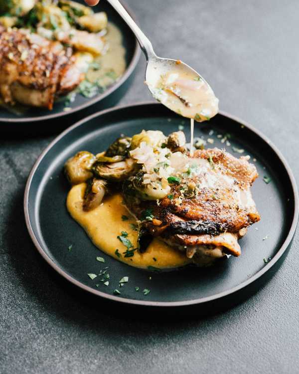 Crispy Chicken Thighs w/ Brussels + Butternut Mash