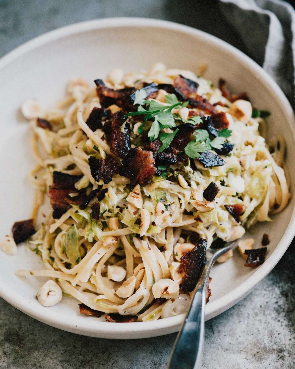 Brussels Sprout Pasta w/ Hazelnuts & Bacon