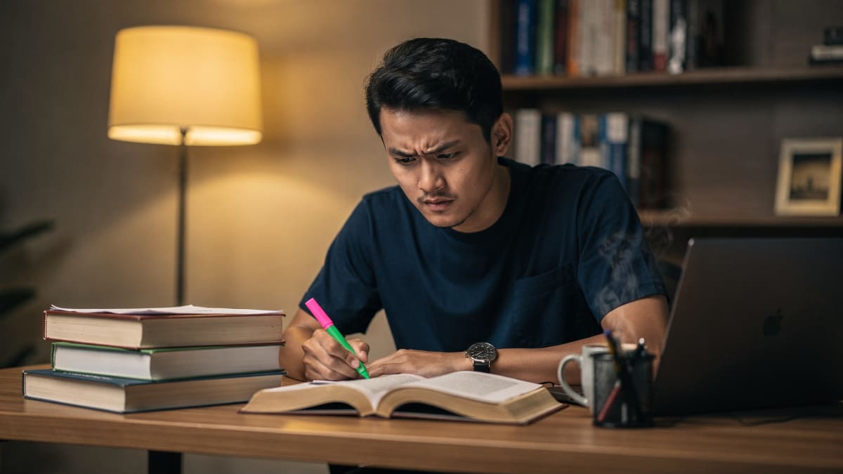 Calon ejen hartanah belajar untuk peperiksaan dengan buku rujukan