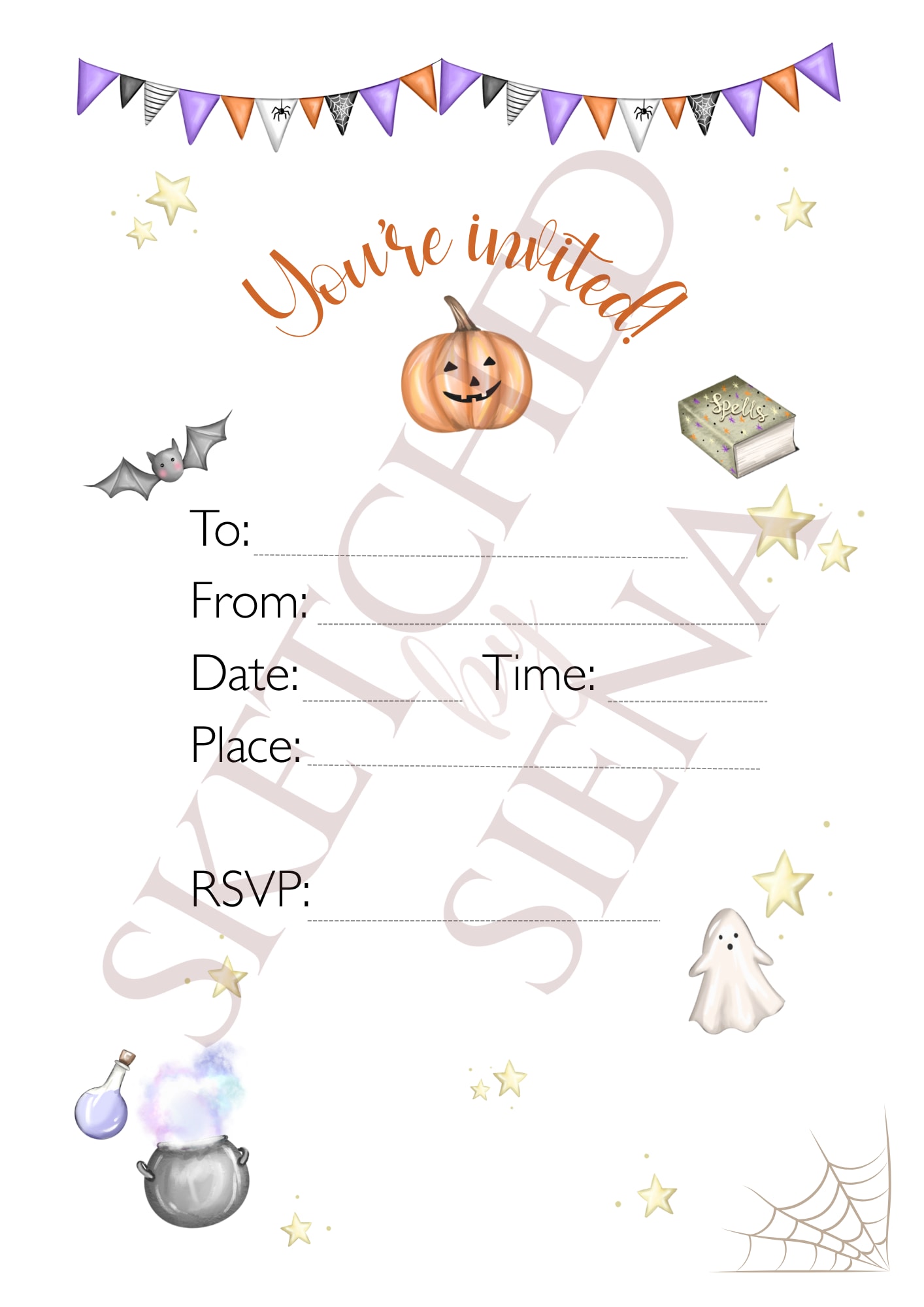 A hand drawn digital illustration of a halloween party invitation. Purple, orange, black and white banner hanging at the top with elements such as pumpkin, bat, witches spell, ghost and stars scattered around. Information such as to, from, date, place, time and RSVP features too.