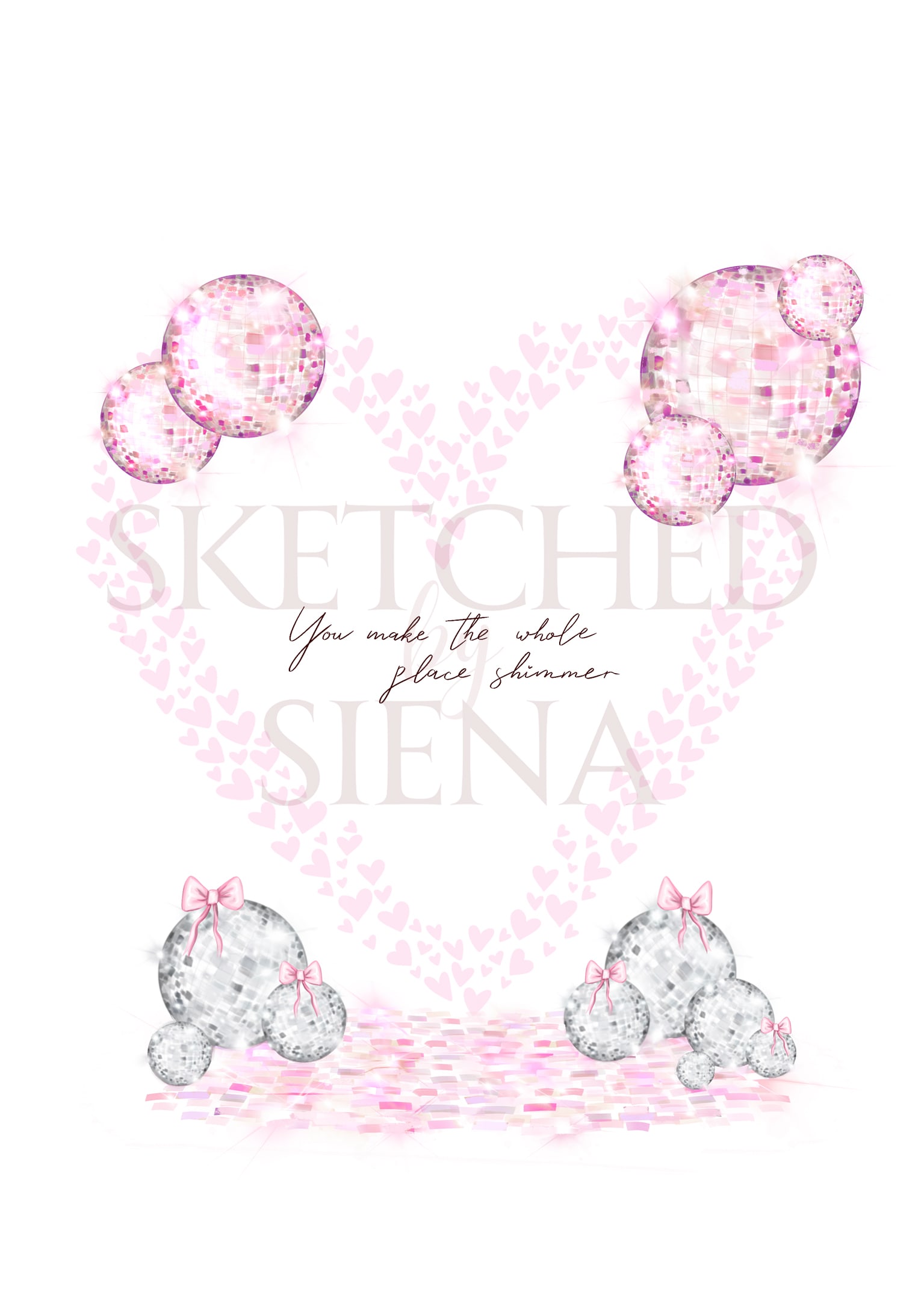 A hand drawn digital illustration of five pink glitter balls hanging from the ceiling towards the top of a canvas in the centre of the canvas a big pink outline of a heart made up of small pink hearts. On the floor silver glitter scattered on a tiled pink floor with little pink bows on each glitter ball.