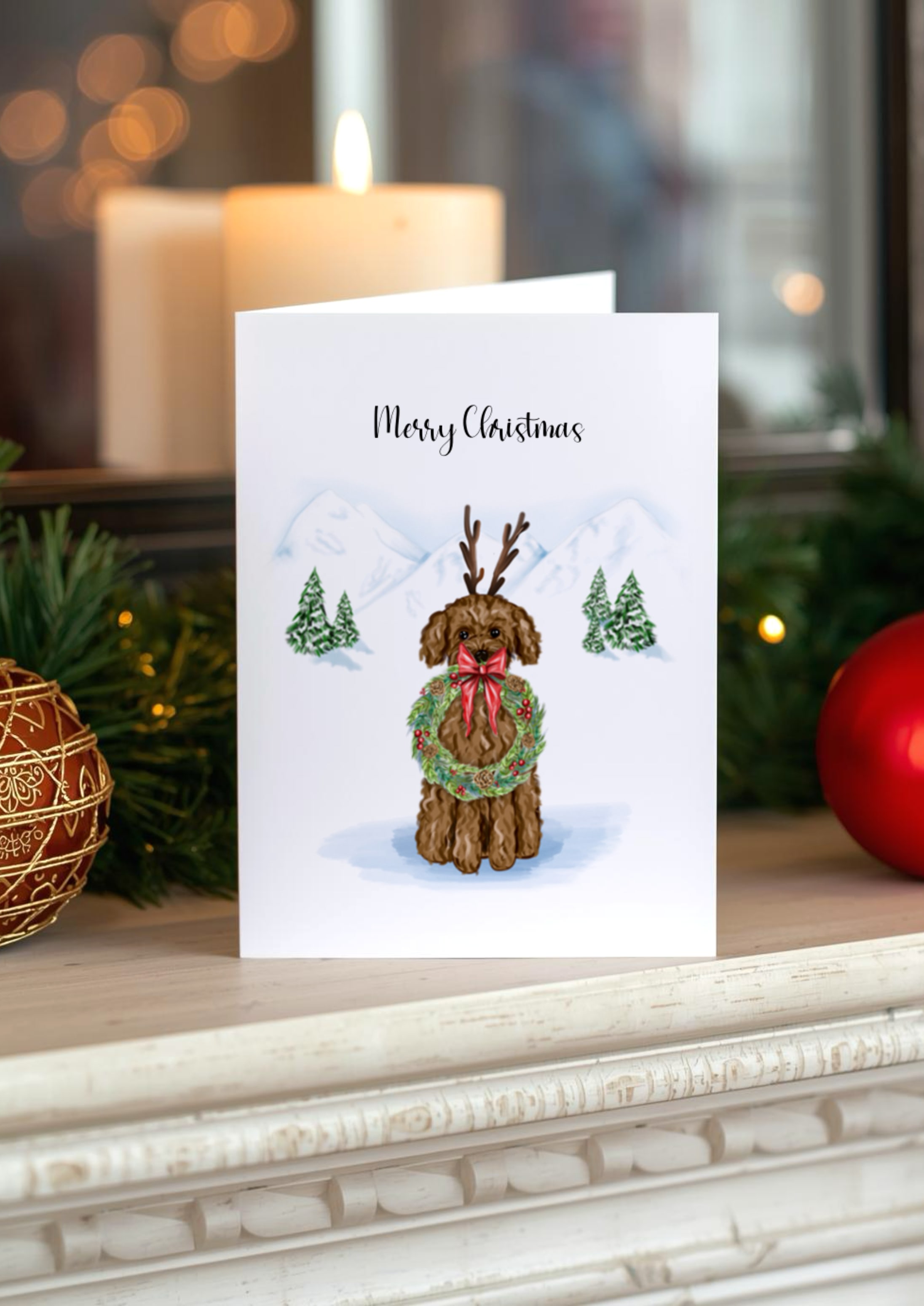 A hand drawn brown poodle dog wearing a reindeer antlers and festive wreath, illustrated in a snowy Christmas Background