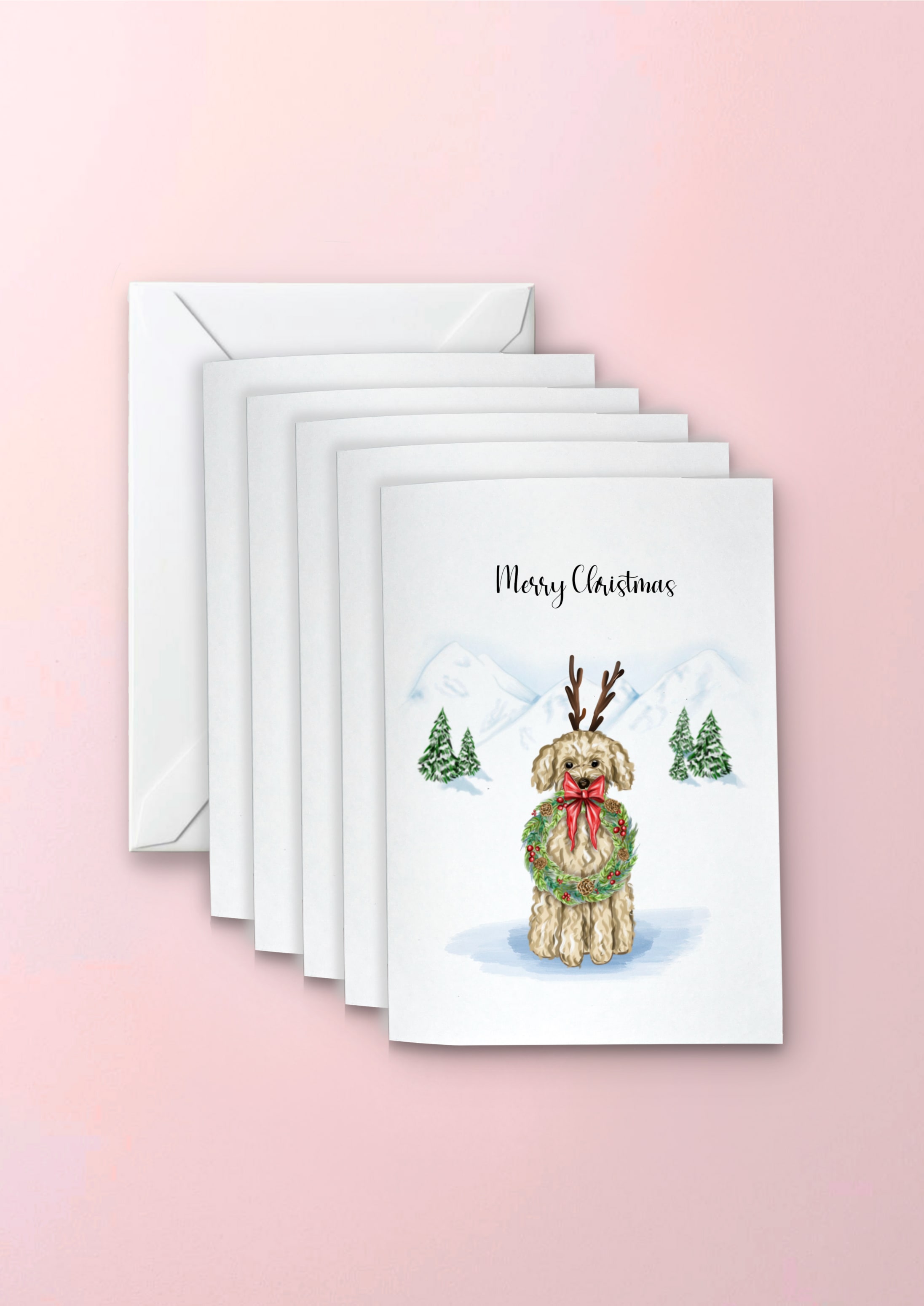 A hand drawn poodle dog dog wearing a reindeer antlers and festive wreath, illustrated in a snowy Christmas Background in a apack of 5