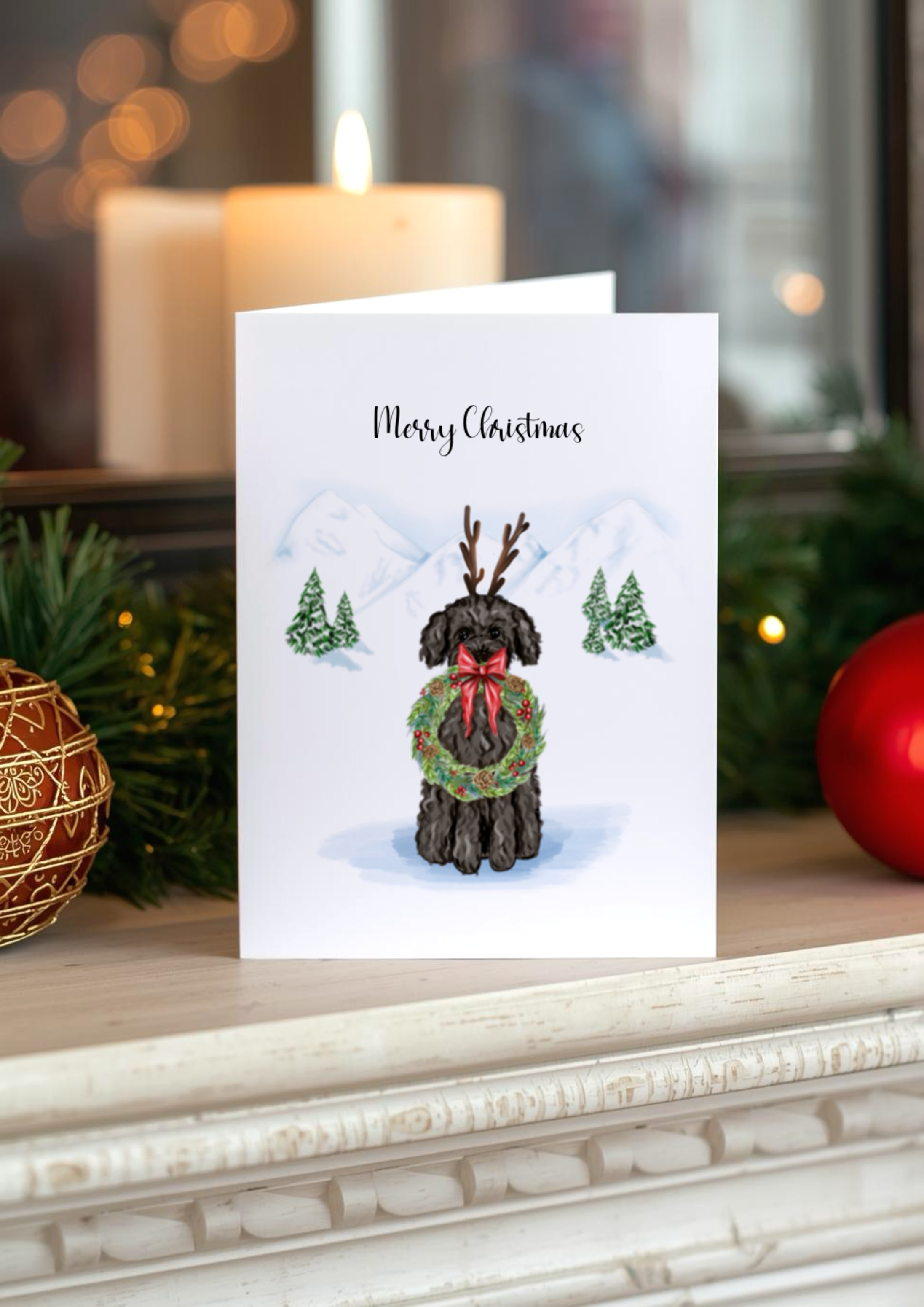 A hand drawn poodle dog wearing a reindeer antlers and festive wreath, illustrated in a snowy Christmas Background