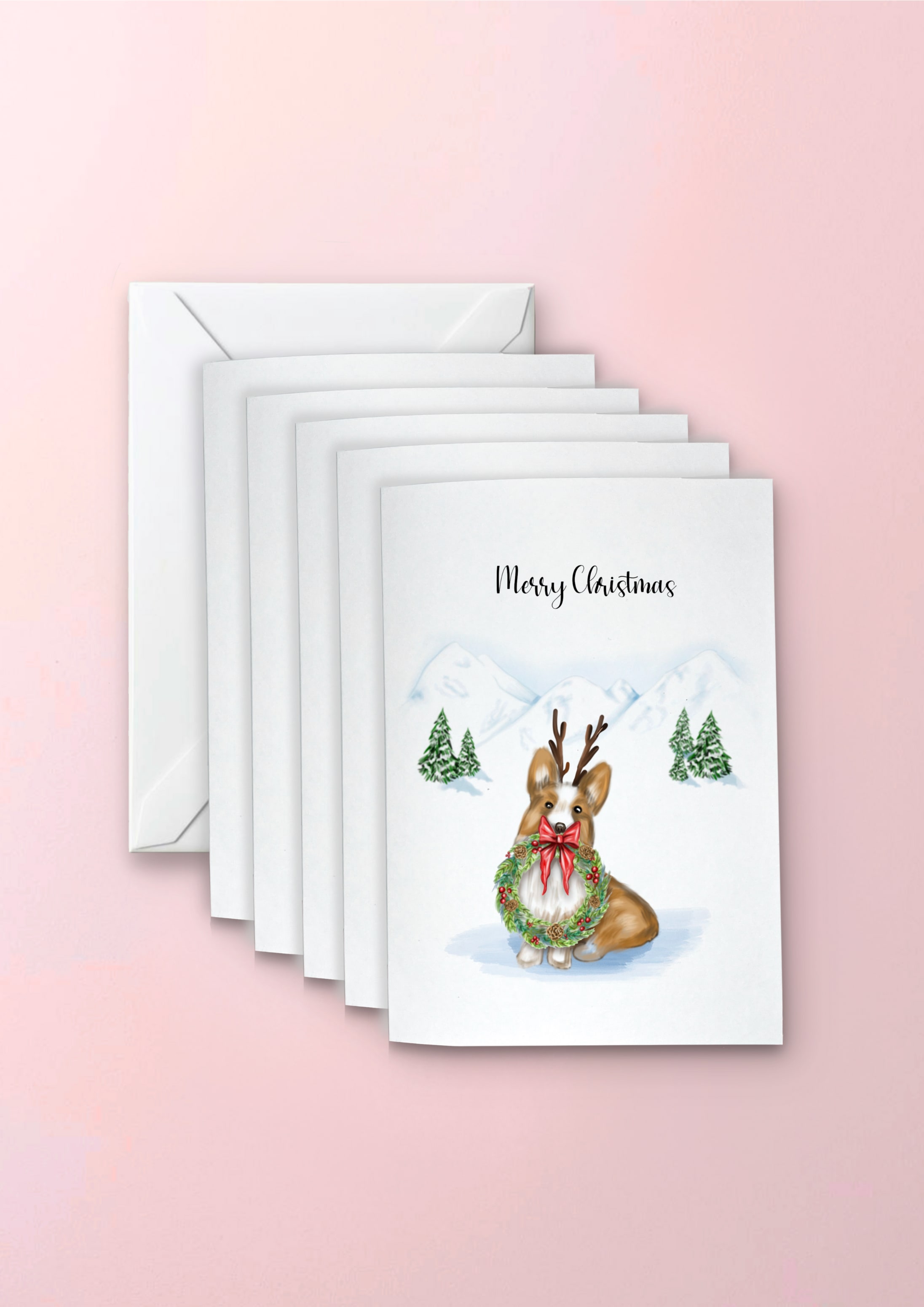 hand drawn corgi dog wearing a reindeer antlers and festive wreath, illustrated in a snowy Christmas Background in a pack of 5