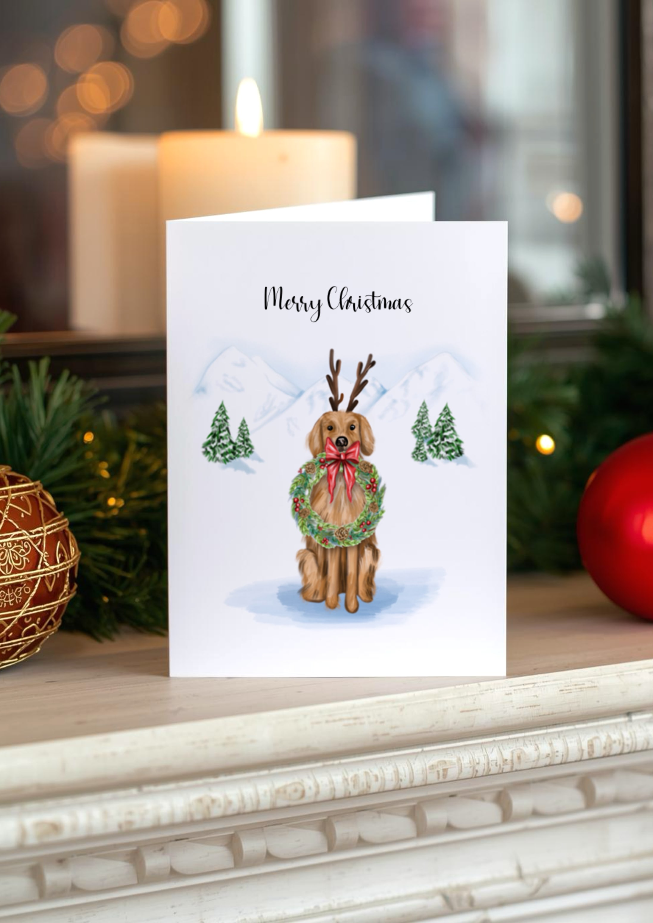 hand drawn golden retriever dog wearing a reindeer antlers and festive wreath, illustrated in a snowy Christmas Background in a pack of 5
