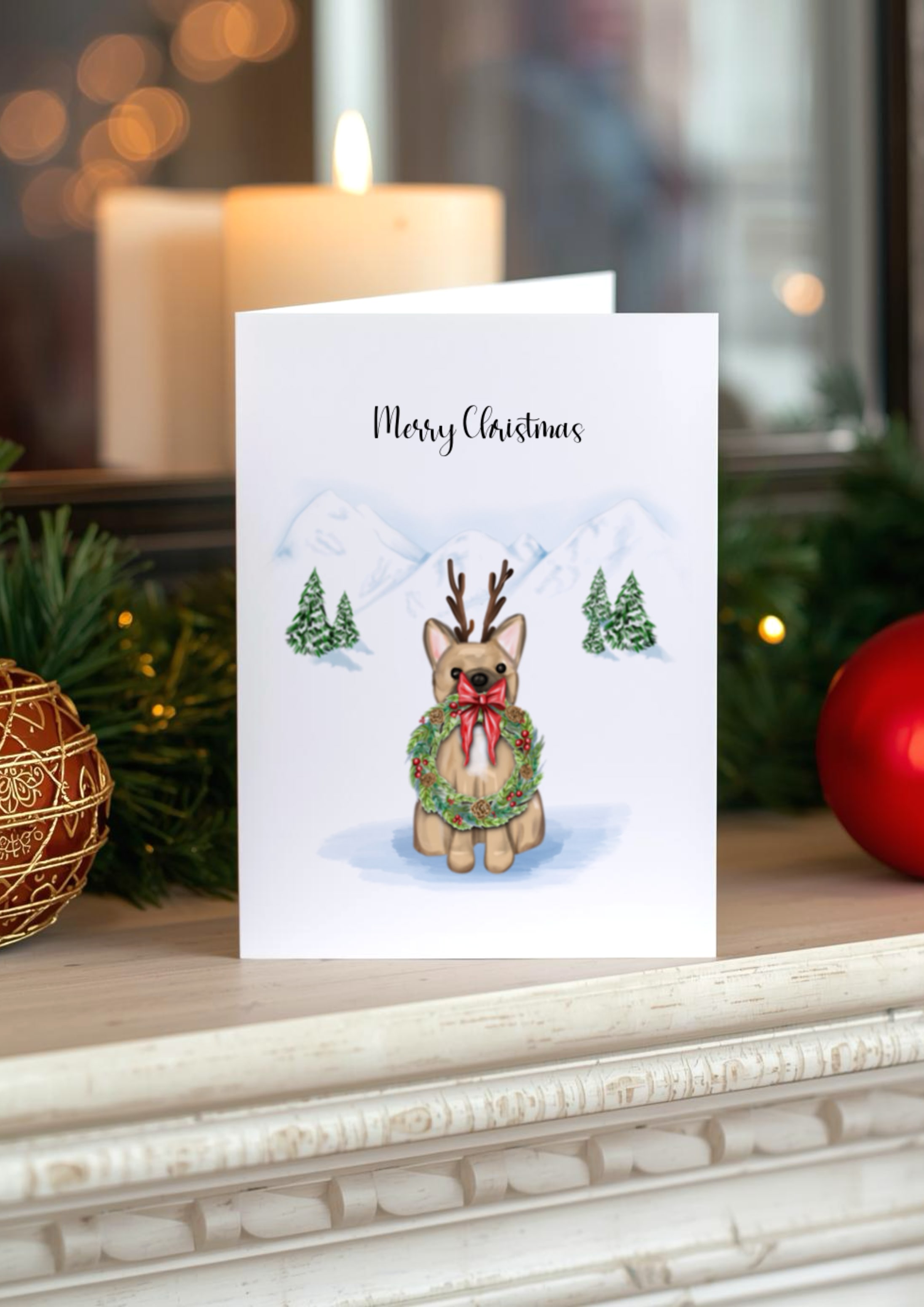 hand drawn fawn dog wearing a reindeer antlers and festive wreath, illustrated in a snowy Christmas Background on a mantle