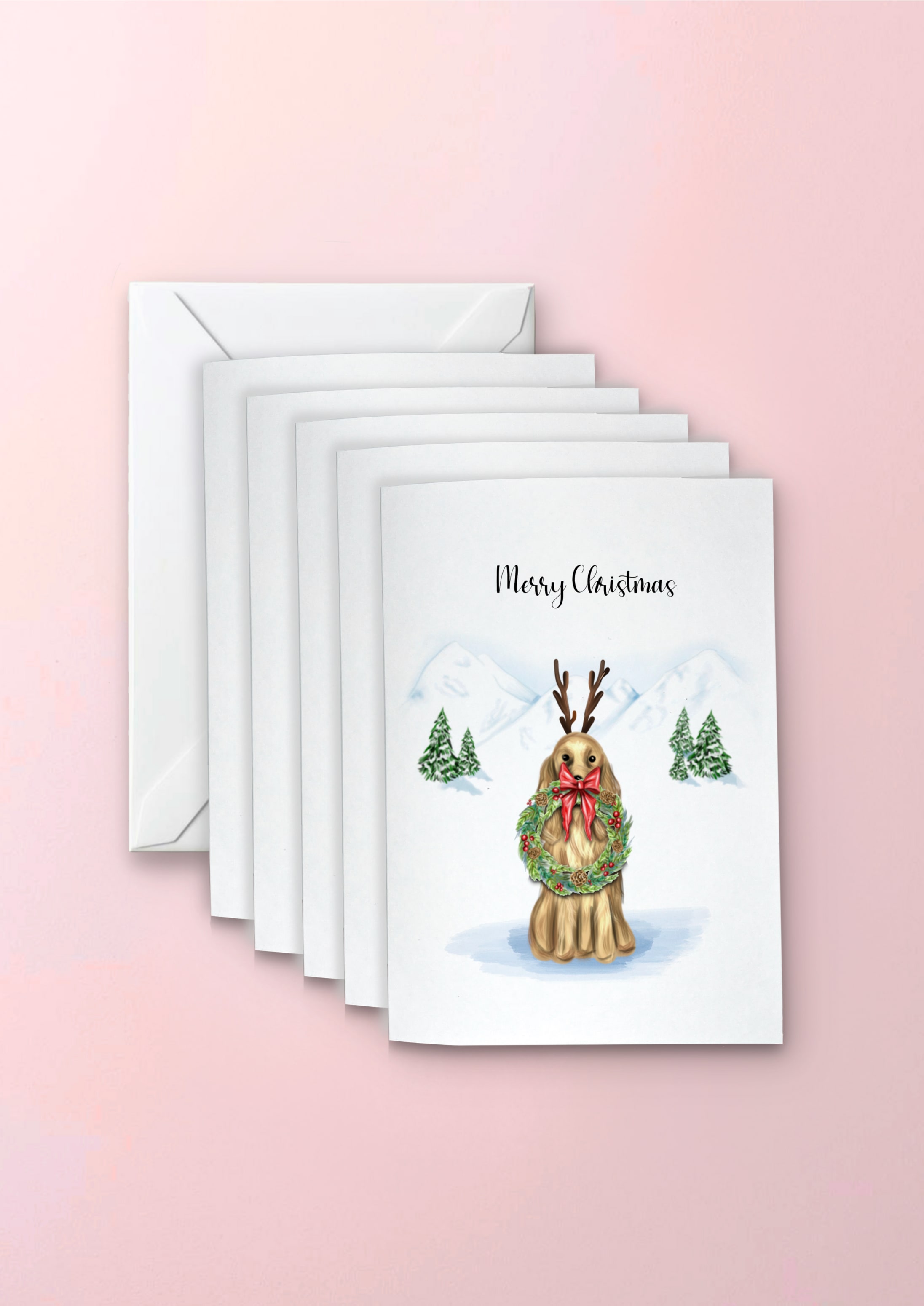 hand drawn spaniel dog wearing a reindeer antlers and festive wreath, illustrated in a snowy Christmas Background in a pack of 5