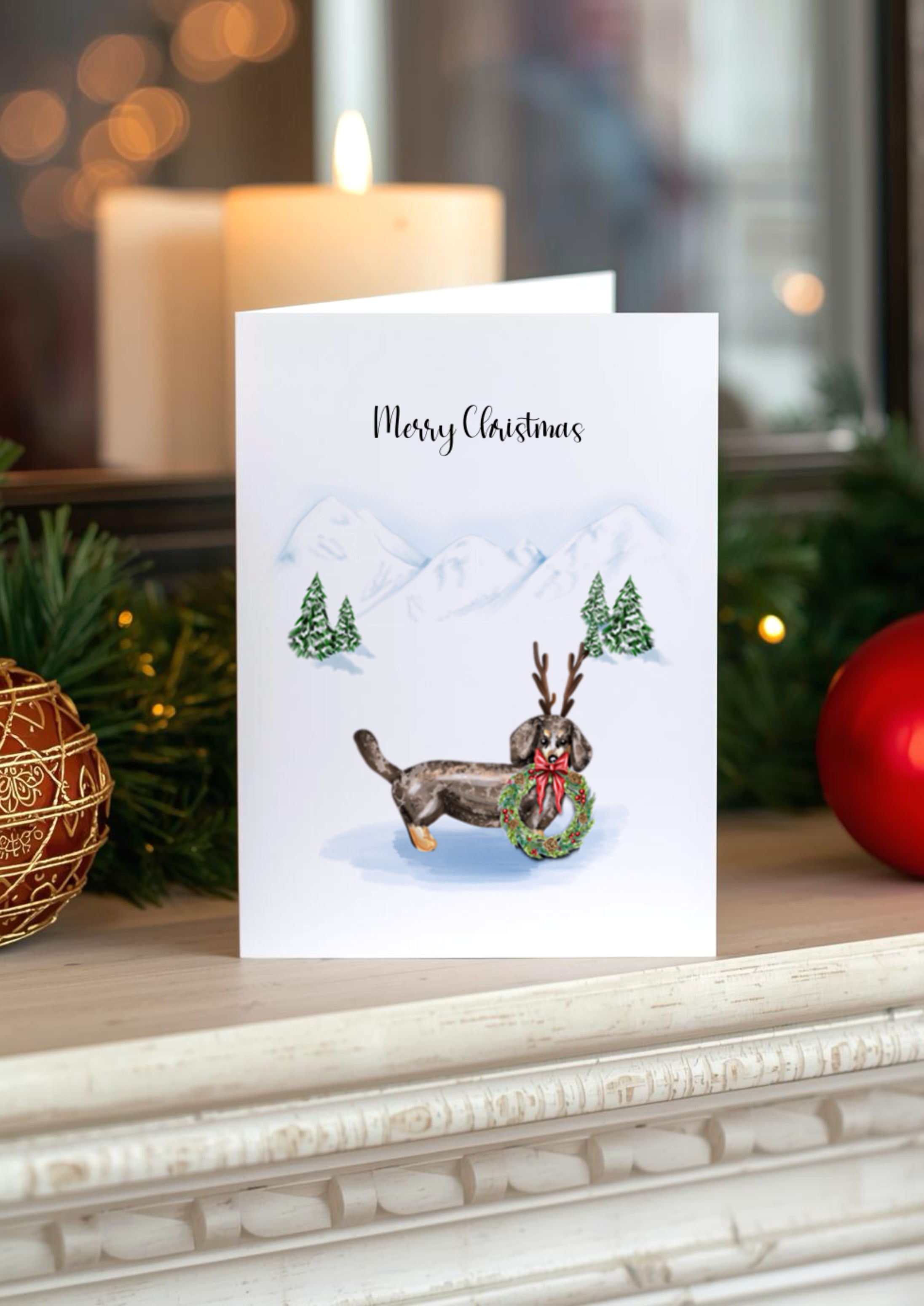 hand drawn Dachshund dog wearing a reindeer antlers and festive wreath, illustrated in a snowy Christmas Background
