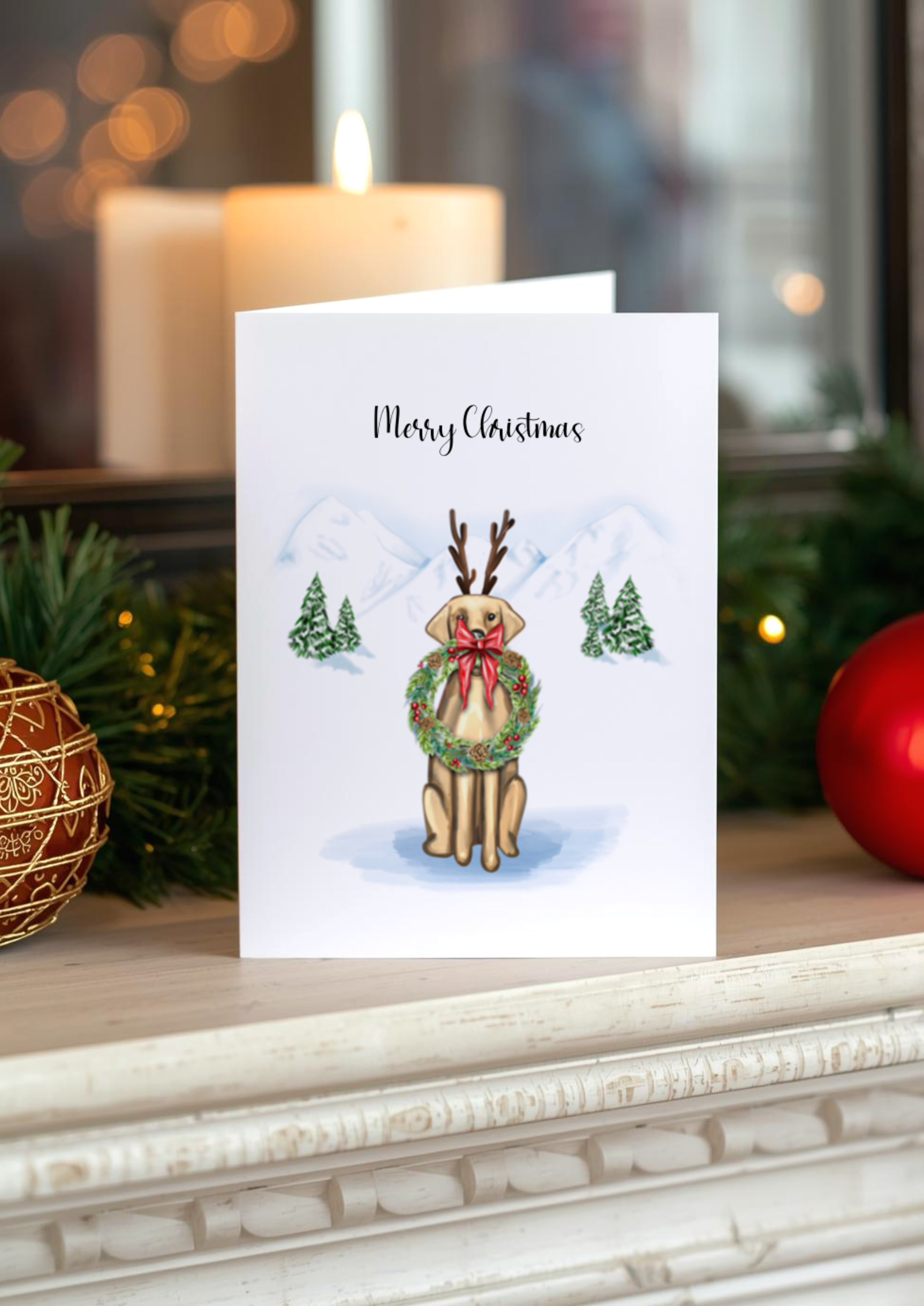 hand drawn labrador dog wearing a reindeer antlers and festive wreath, illustrated in a snowy Christmas Background