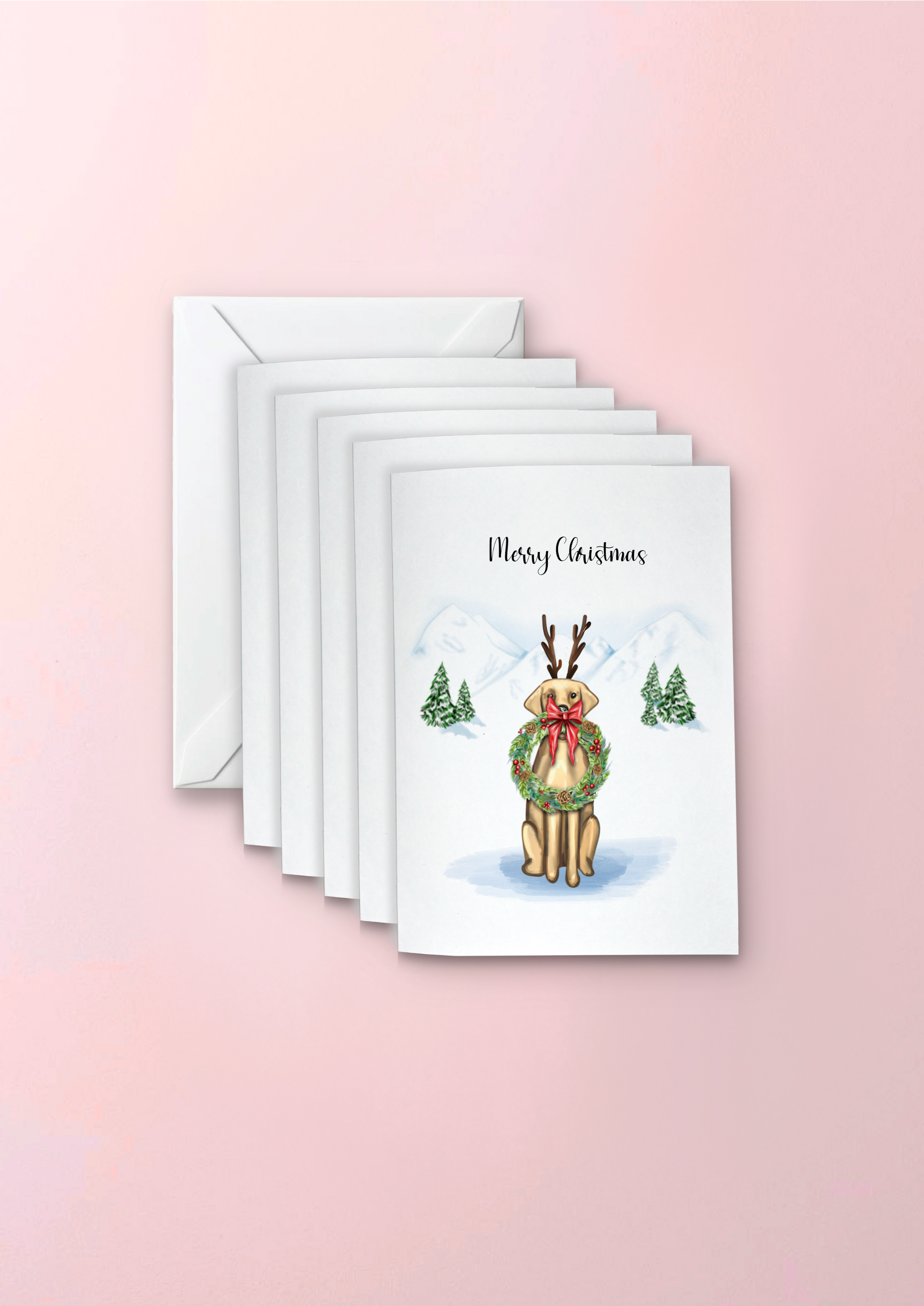 hand drawn labrador dog wearing a reindeer antlers and festive wreath, illustrated in a snowy Christmas Background in a pack of 5