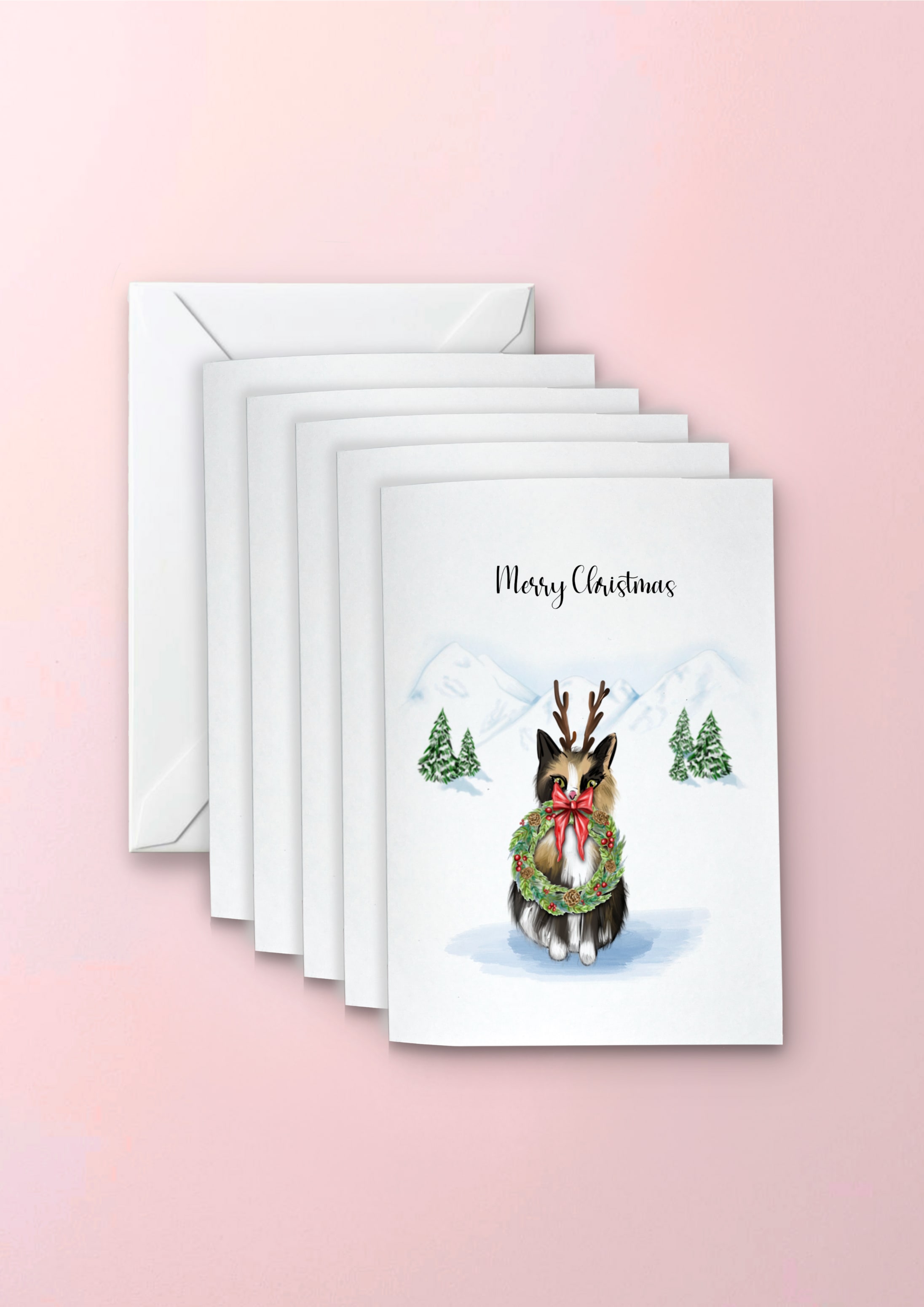 hand drawn fluffy tabby cat wearing a reindeer antlers and festive wreath, illustrated in a snowy Christmas Background