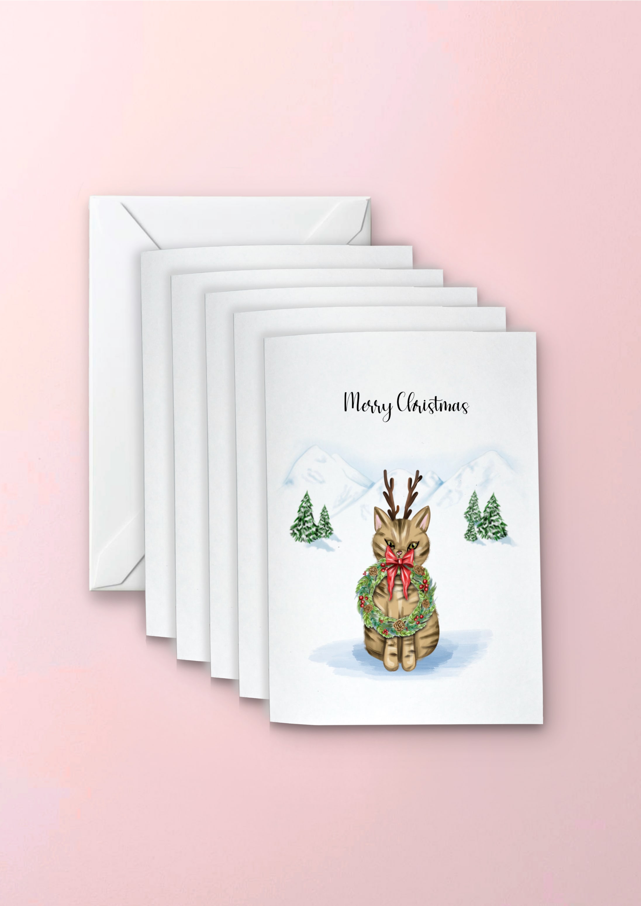 hand drawn tabby cat wearing a reindeer antlers and festive wreath, illustrated in a snowy Christmas Background pack of 5
