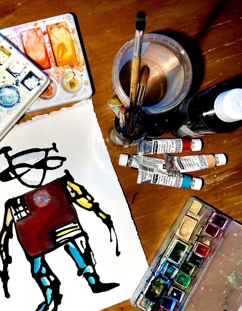 Paint wildly with ink and watercolor