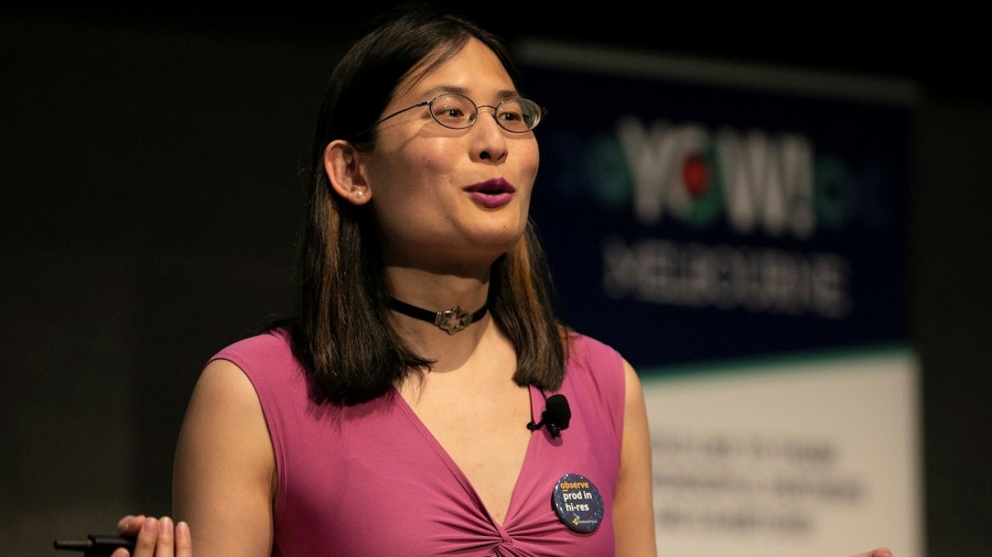 Photo of Liz Fong-Jones speaking at YOW! Conference 2019