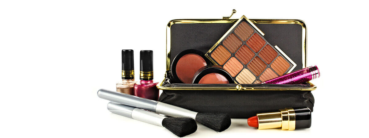 cosmetic bag with makeup falling out