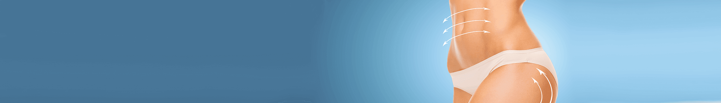 woman on blue background with markings showing where plastic surgery can treat on the stomach and buttocks